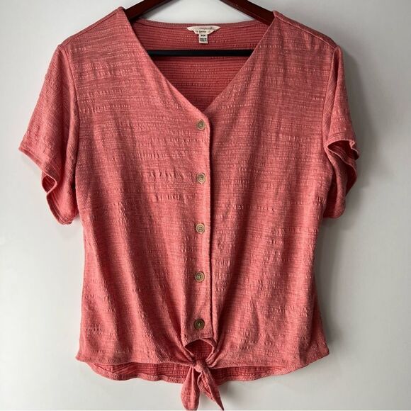 Weatherproof Vintage coral V neck button short sleeve loose tie knot shirt sz s - Picture 1 of 7